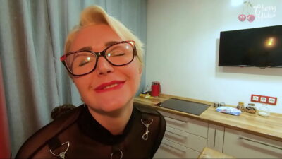 Blonde with glasses fucked in the ass on a bar stool